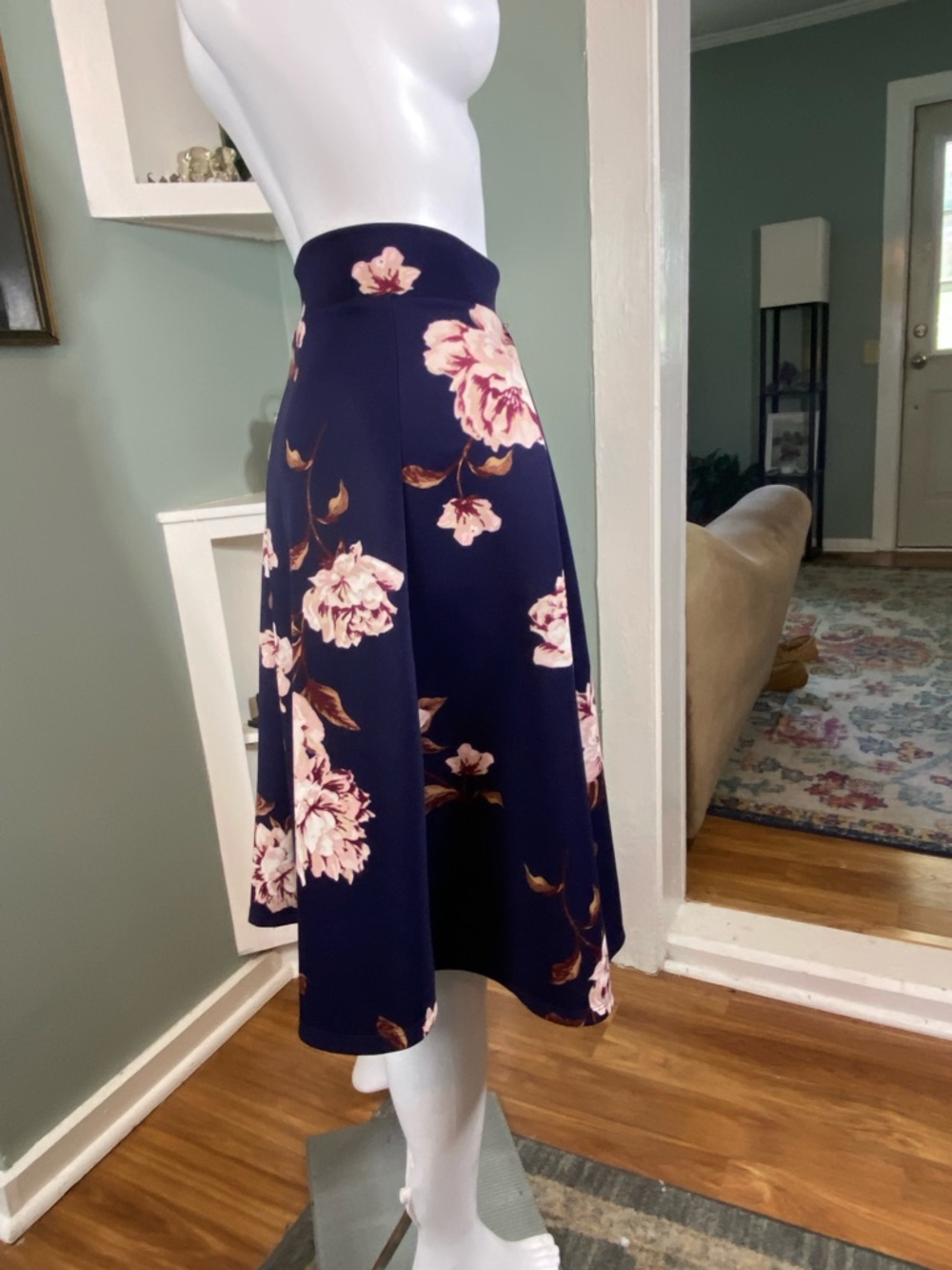 Floral Roses Navy Midi Full Skirt Haute Monde XLarge XL Box Pleat Pleated - Picture 6 of 12